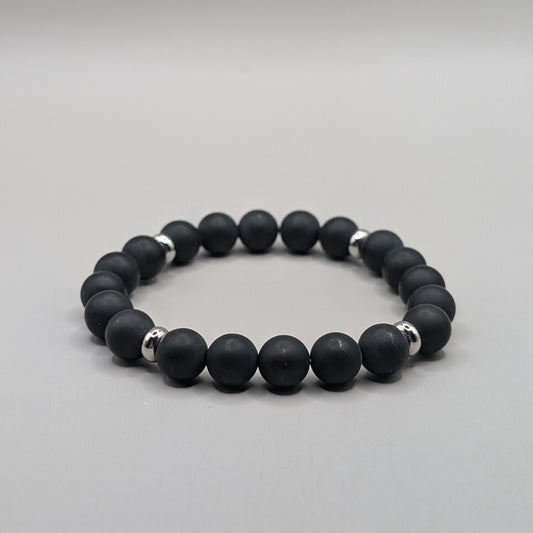 Black Agate & Stainless Steel Bracelet - 8mm Matte