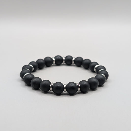 Black Agate & Stainless Steel Bracelet - 8mm Matte