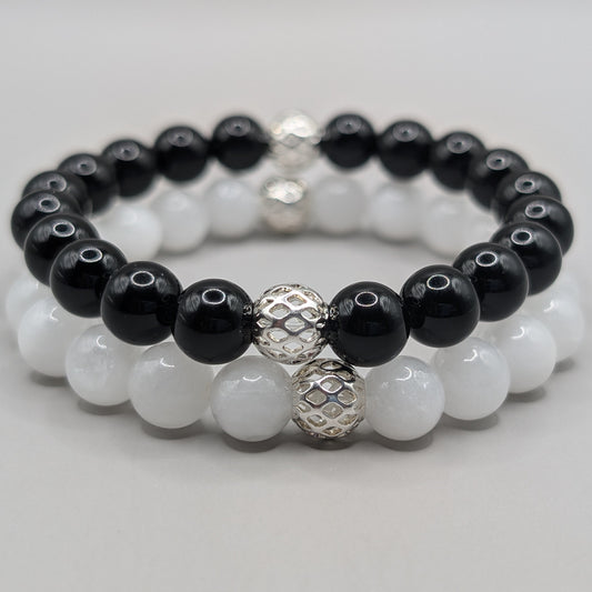 Yin Yang Balance Bracelet Silver Set - 8mm