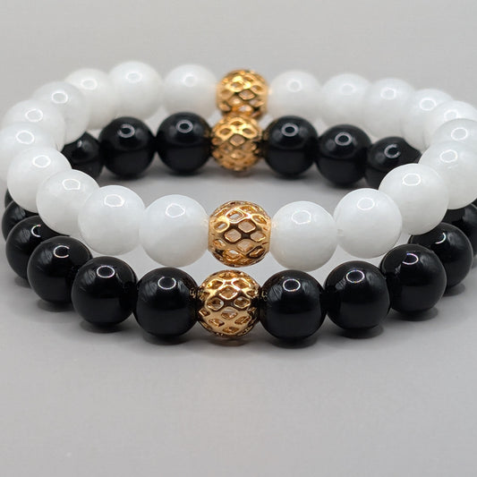 Yin Yang Balance Bracelet Gold Set - 8mm